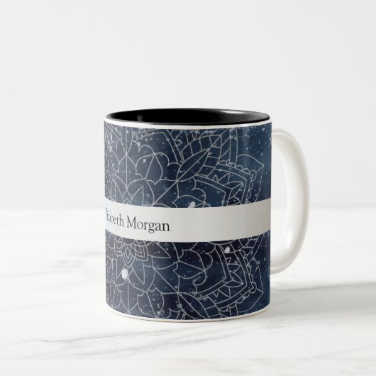 Elegant Modernes Silver Mandala Stripe Navy Blue Zweifarbige Tasse (VorderseiteRechts)