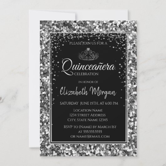 Elegant Modernes Silver Tiara, Sequins Quinceanera Einladung (Vorderseite)