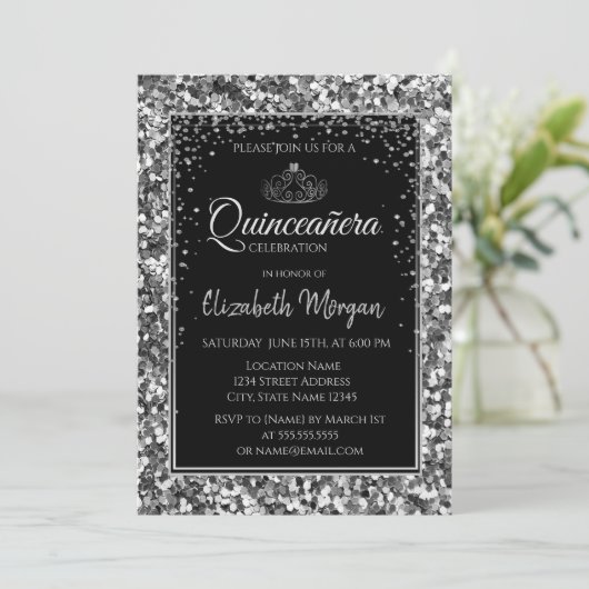 Elegant Modernes Silver Tiara, Sequins Quinceanera Einladung (Stehend Vorderseite)