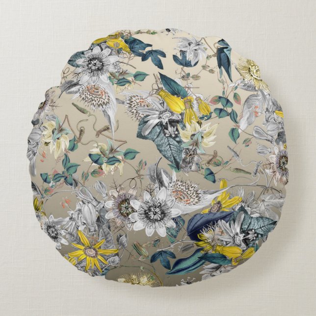 Elegant Modernes Vintages Gold Graugelbe Blüte Rundes Kissen (Vorderseite)