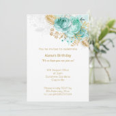 ELEGANT MODERNES WHITE GOLD LACE AQUA BOUQUET EINLADUNG (Stehend Vorderseite)