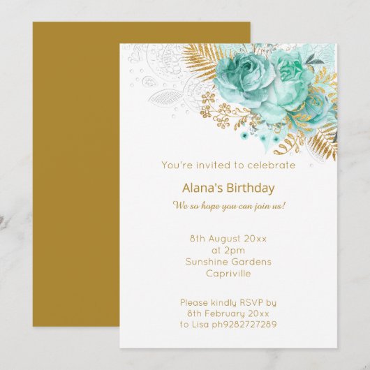 ELEGANT MODERNES WHITE GOLD LACE AQUA BOUQUET EINLADUNG (Vorne/Hinten)