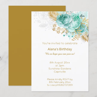 ELEGANT MODERNES WHITE GOLD LACE AQUA BOUQUET EINLADUNG