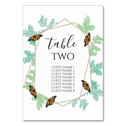 Elegant Monarch Butterfly Wedding Guest Names Tischnummer (Rückseite)