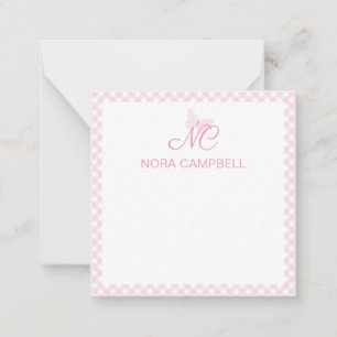 Elegant Monogram Baby Pink Gingham Personalisiert Mitteilungskarte