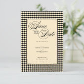Elegant Monogram Black Cream Checkerboard Save The Date (Stehend Vorderseite)