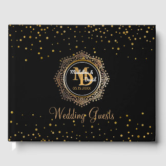 Elegant Monogram | Black Gold Confetti Wedding Gästebuch