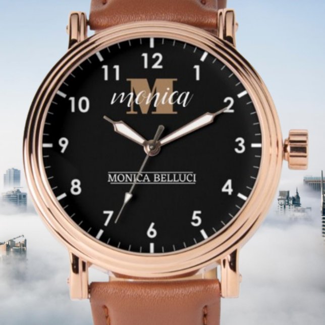 Elegant Monogram Black Gold Script minimal Armbanduhr (Von Creator hochgeladen)