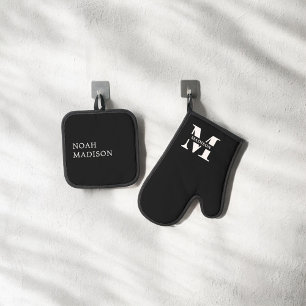 Elegant Monogram Black Ofenhandschuh & Topflappen-Set