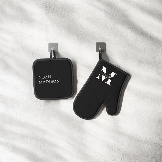 Elegant Monogram Black Ofenhandschuh & Topflappen-Set
