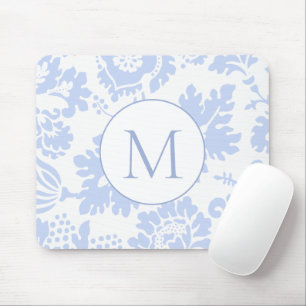 Elegant Monogram Blue Floral Botanical Mousepad