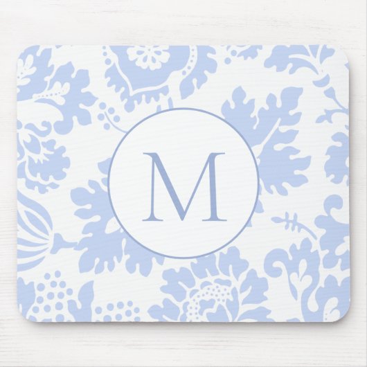 Elegant Monogram Blue Floral Botanical Mousepad (Vorne)