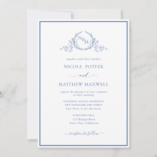 Elegant Monogram Blue Wedding Einladung (Vorderseite)