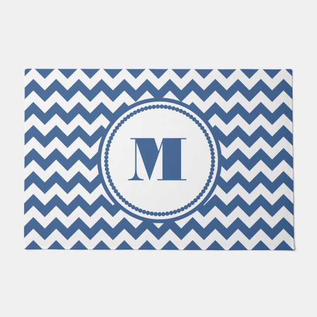 Elegant Monogram Blue Zickzack Fußmatte (Vorderseite)