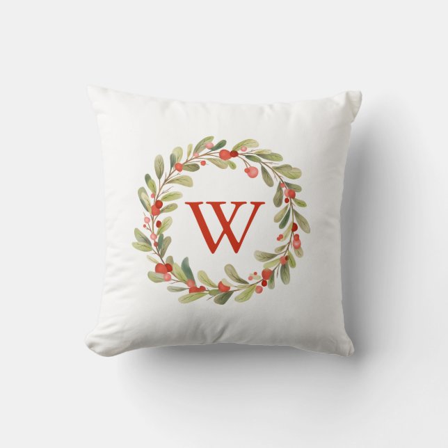 Elegant Monogram Christmas Wreath Kissen (Vorderseite)