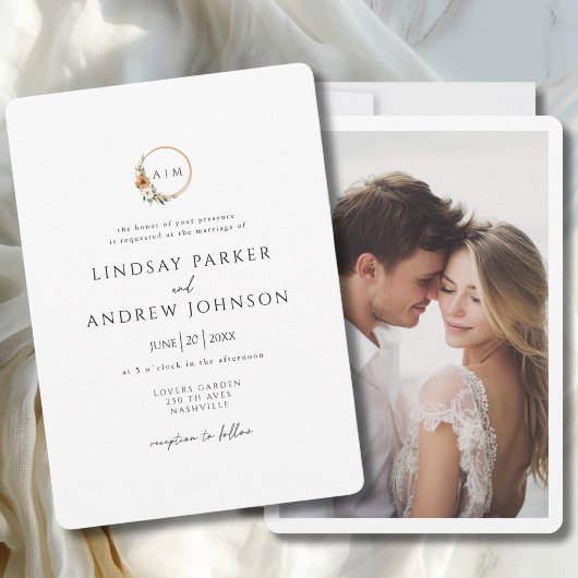 Elegant Monogram Copper Earthy Botanical Photo Einladung