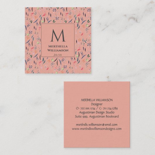 Elegant MONOGRAM Coral Pink Floral Quadratische Visitenkarte (Vorne/Hinten)