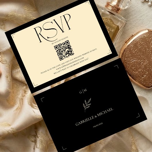 Elegant Monogram Cream and Black Wedding  RSVP Karte