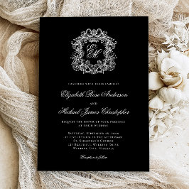 Elegant Monogram Crest Black Wedding Einladung