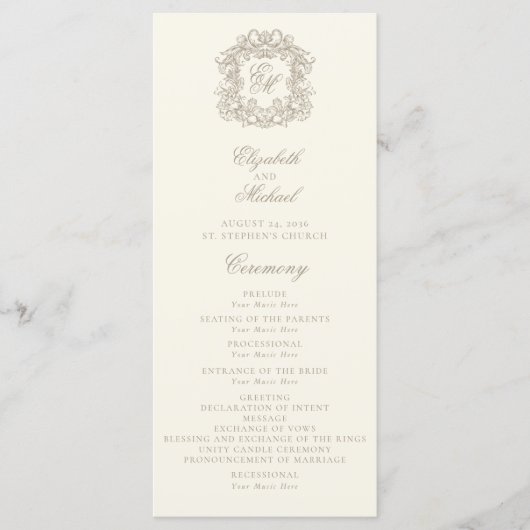 Elegant Monogram Crest Ivory Wedding Program Programm (Vorderseite)
