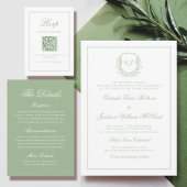 Elegant Monogram Crest Sage Green Wedding Einladung
