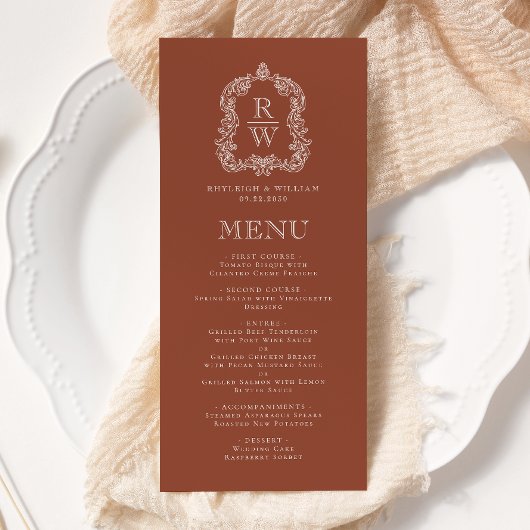Elegant Monogram Crest Terracotta Wedding Menükarte