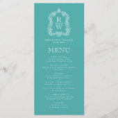 Elegant Monogram Crest Turquoise White Wedding Menükarte (Vorderseite)