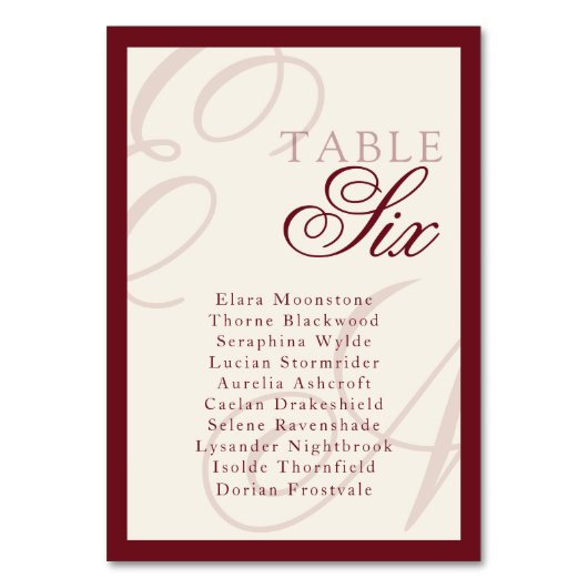 Elegant Monogram Deep red Table Seating Chart Tischnummer (Vorderseite)