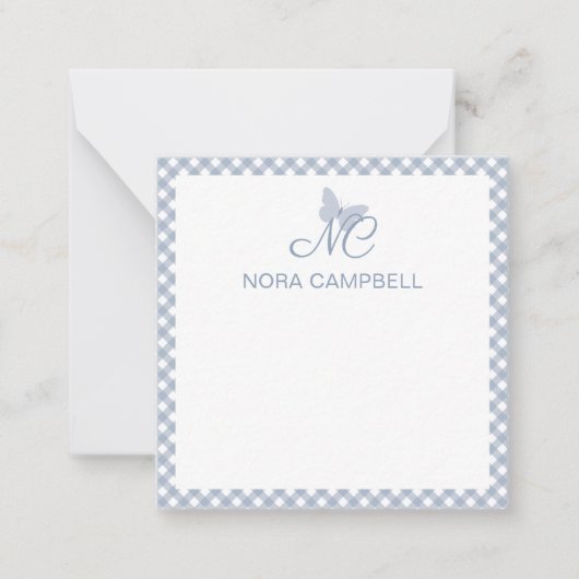 Elegant Monogram Dusty Blue Gingham Personalisiert Mitteilungskarte (Vorderseite)