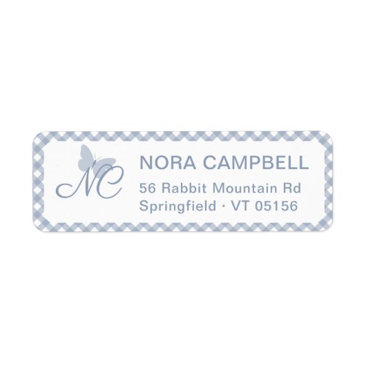 Elegant Monogram Dusty Blue Gingham Rücksendeadres (Vorne)