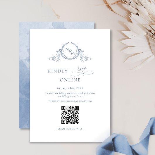 Elegant Monogram Dusty Blue QR Code Wedding RSVP Begleitkarte