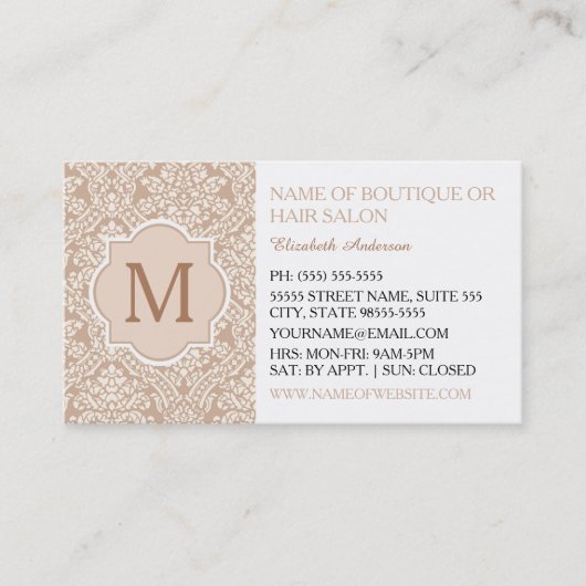 Elegant Monogram Feminine Tan Damask Haar Salon Visitenkarte (Vorderseite)