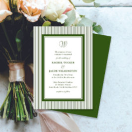 Elegant Monogram Forest Green Striped Wedding Einladung