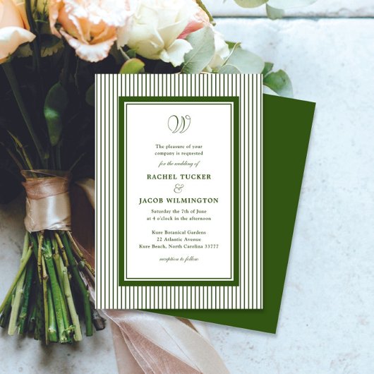 Elegant Monogram Forest Green Striped Wedding Einladung