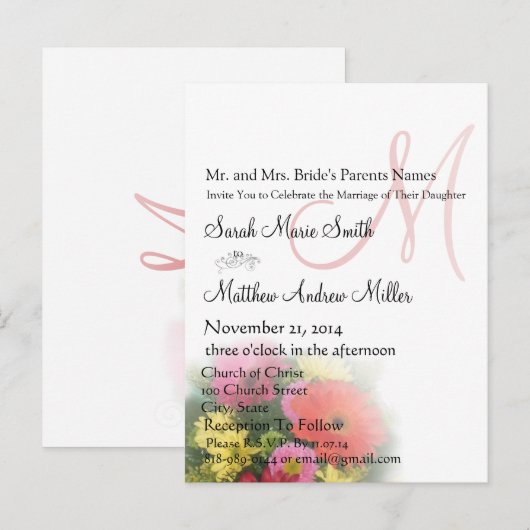 Elegant Monogram Gerber Daisies Wedding Einladung (Vorne/Hinten)