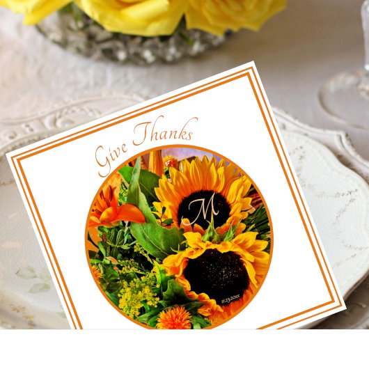 Elegant Monogram 'Give dank' Sunflower Bouquet Serviette