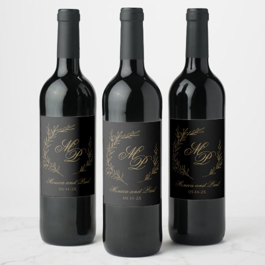Elegant Monogram gold and black wine label Weinetikett (Flaschen)