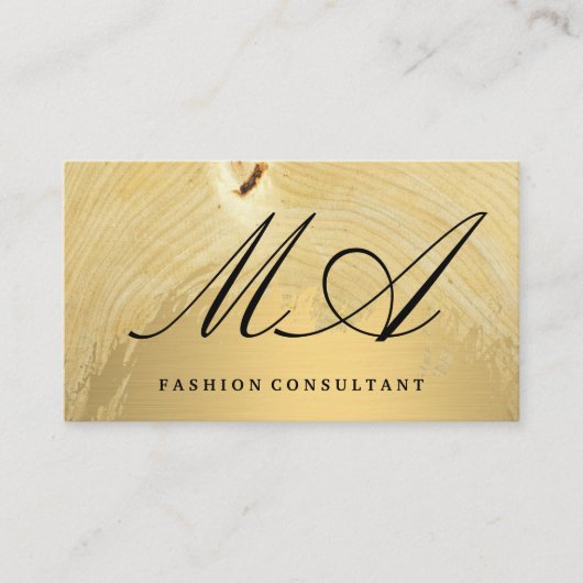 Elegant Monogram | Gold gebürstet | Holzkörner Visitenkarte (Vorderseite)