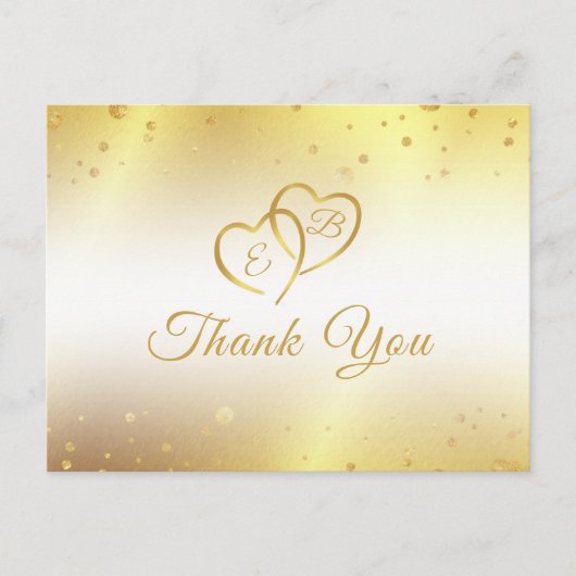 Elegant Monogram Gold Hearts Confetti Vielen Dank Postkarte (Vorderseite)