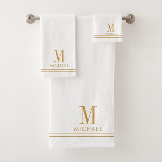 Elegant Monogram Gold Script Name White Badhandtuch Set (Insitu)