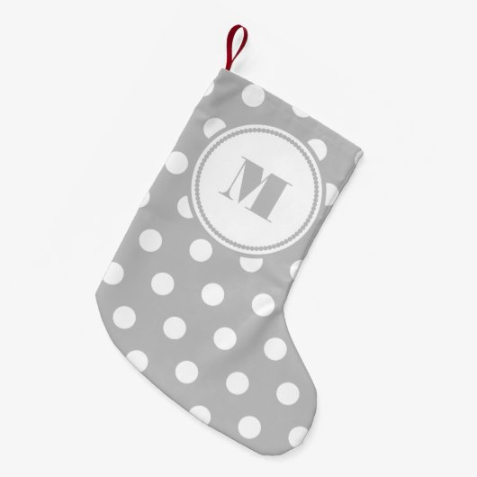 Elegant Monogram Gray Polka Dots Kleiner Weihnachtsstrumpf (Vorderansicht (hängend))