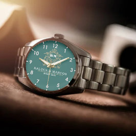 Elegant Monogram green and gold Couple names Armbanduhr