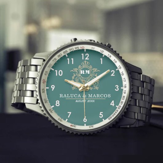 Elegant Monogram green and gold Couple names Armbanduhr