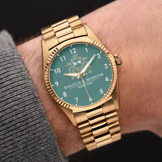 Elegant Monogram green and gold Couple names Armbanduhr