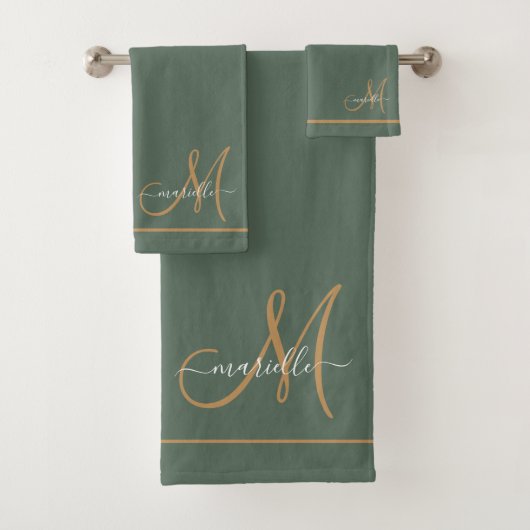 Elegant Monogram Green Gold Script Name Badhandtuch Set (Insitu)