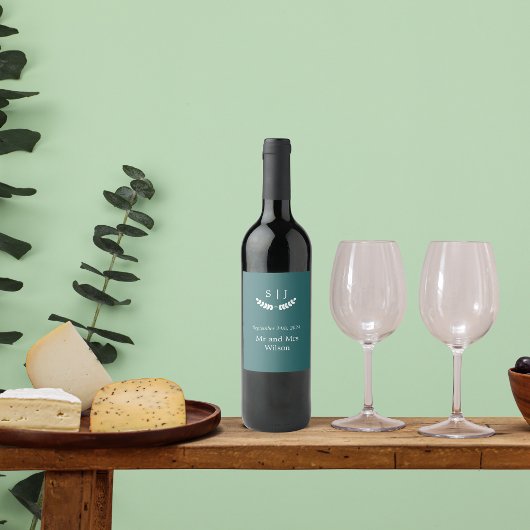 Elegant Monogram Green Jewel Tone Weinetikett