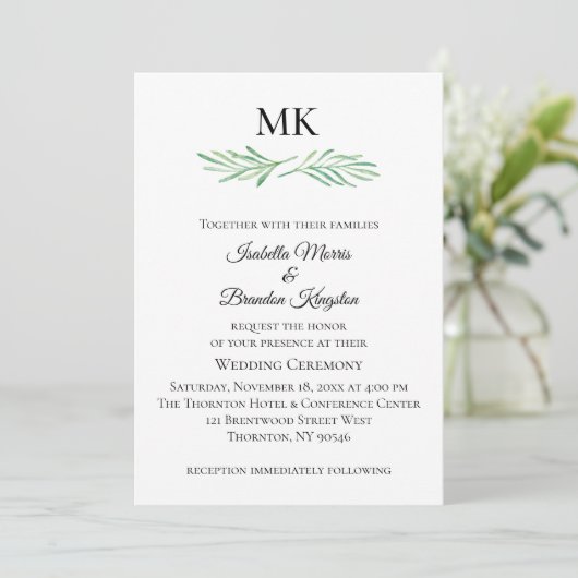 Elegant Monogram Greenering Wedding Einladung (Stehend Vorderseite)