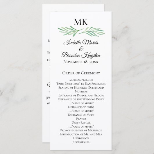 Elegant Monogram Greenerity Wedding Program Menükarte (Vorne/Hinten)