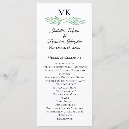 Elegant Monogram Greenerity Wedding Program Menükarte (Vorderseite)