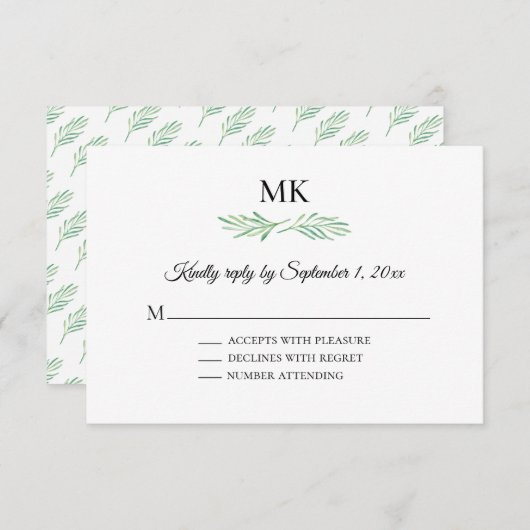 Elegant Monogram Greenerity Wedding RSVP Einladung (Vorne/Hinten)